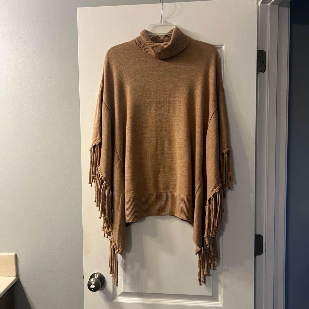 Hampshire Studio Fringed Poncho With Arm Sleeves In Camel Size S
